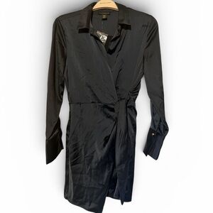 House of Harlow Black Satin Mini Wrap Dress Collar Party Minimalist Heirloom